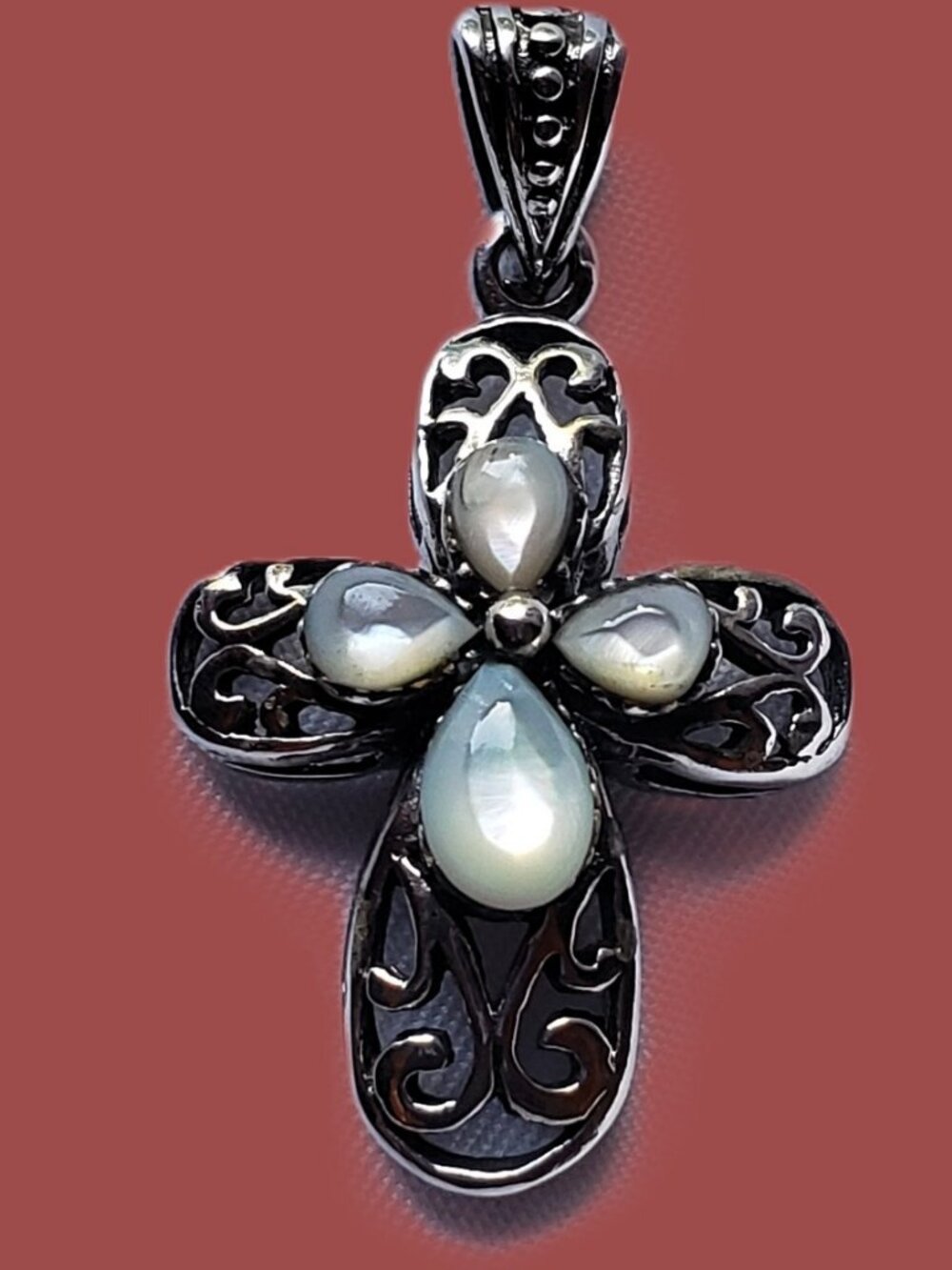 Vintage Sterling Silver Marcasite & Mother of Pearl Cross Pendant – 925 Filigree